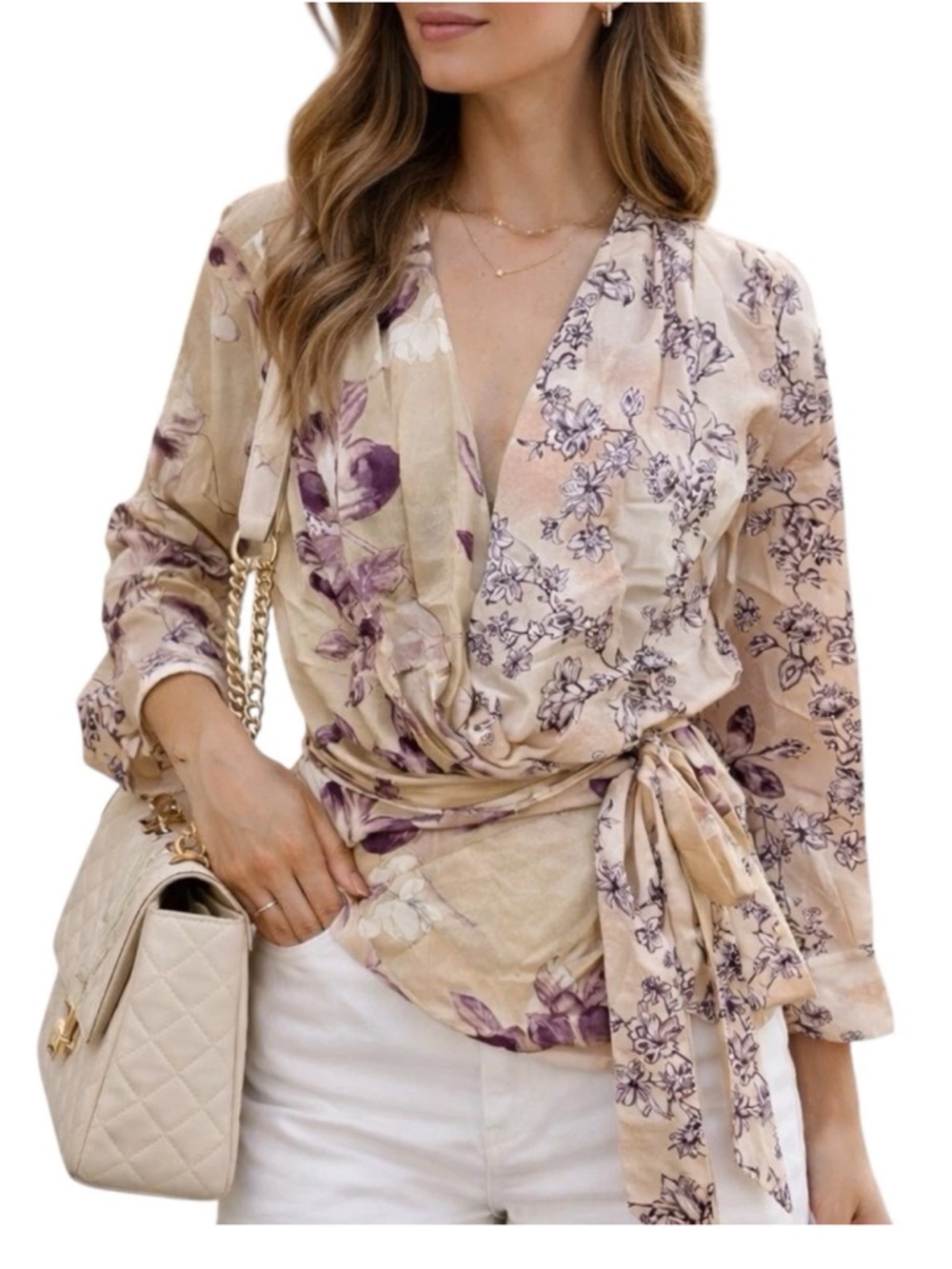 Calvin Klein‎ Blouse S Beige Floral Wrap Satin Purple Magnolia Cherry Blossoms